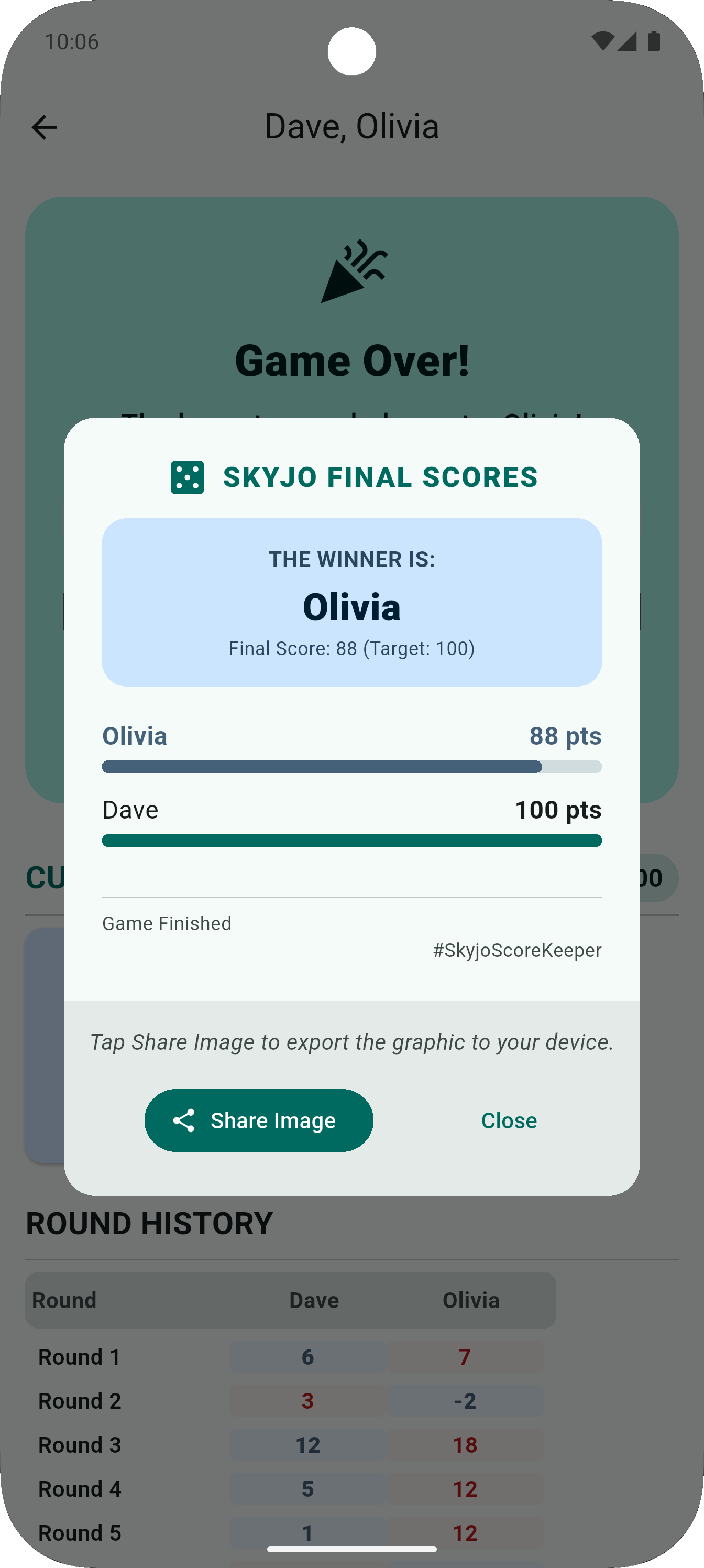 Skyjo Score Keeper Interface Screenshot